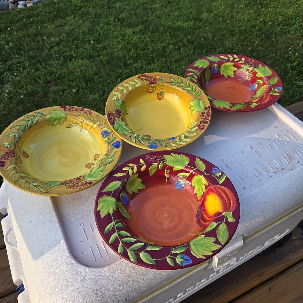 Gates Ware by Laurie Gates 4pc Ceramic Bowl Set Floral Yellow Burgundy Green